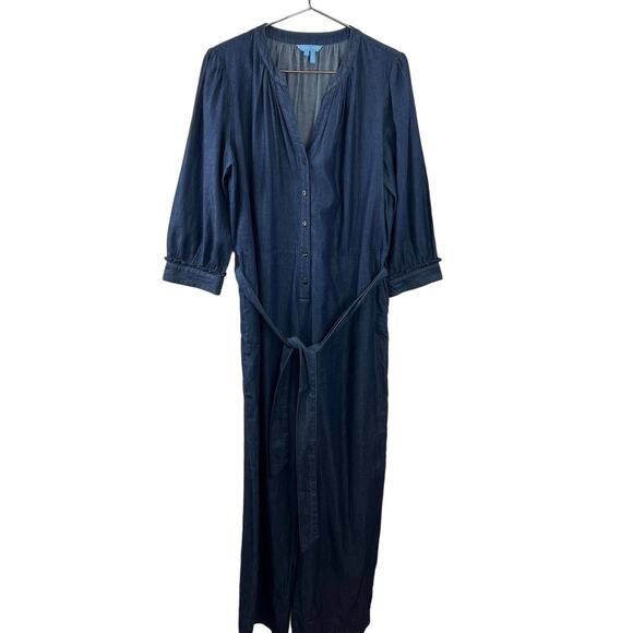 DRAPER JAMES Tie Waist Jumpsuit in Chambray Dark Wash Blue Wide Leg 3/4 Sleeve L - Picture 2 of 9